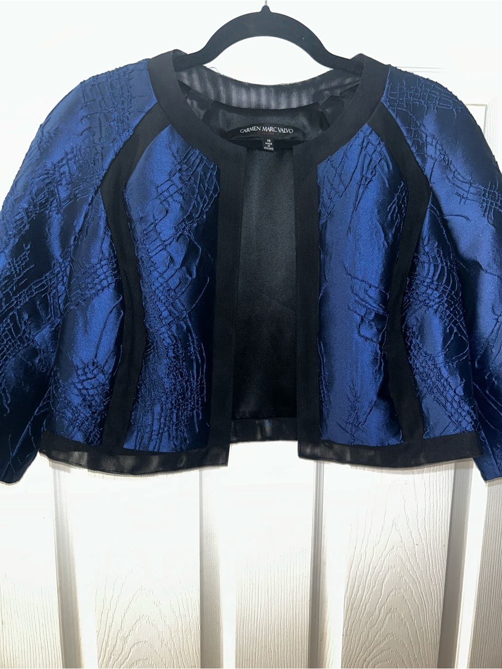Carmen Marc Valvo Couture Metallic Blue Cropped Jacket 3/4 Sleeve SZ 14